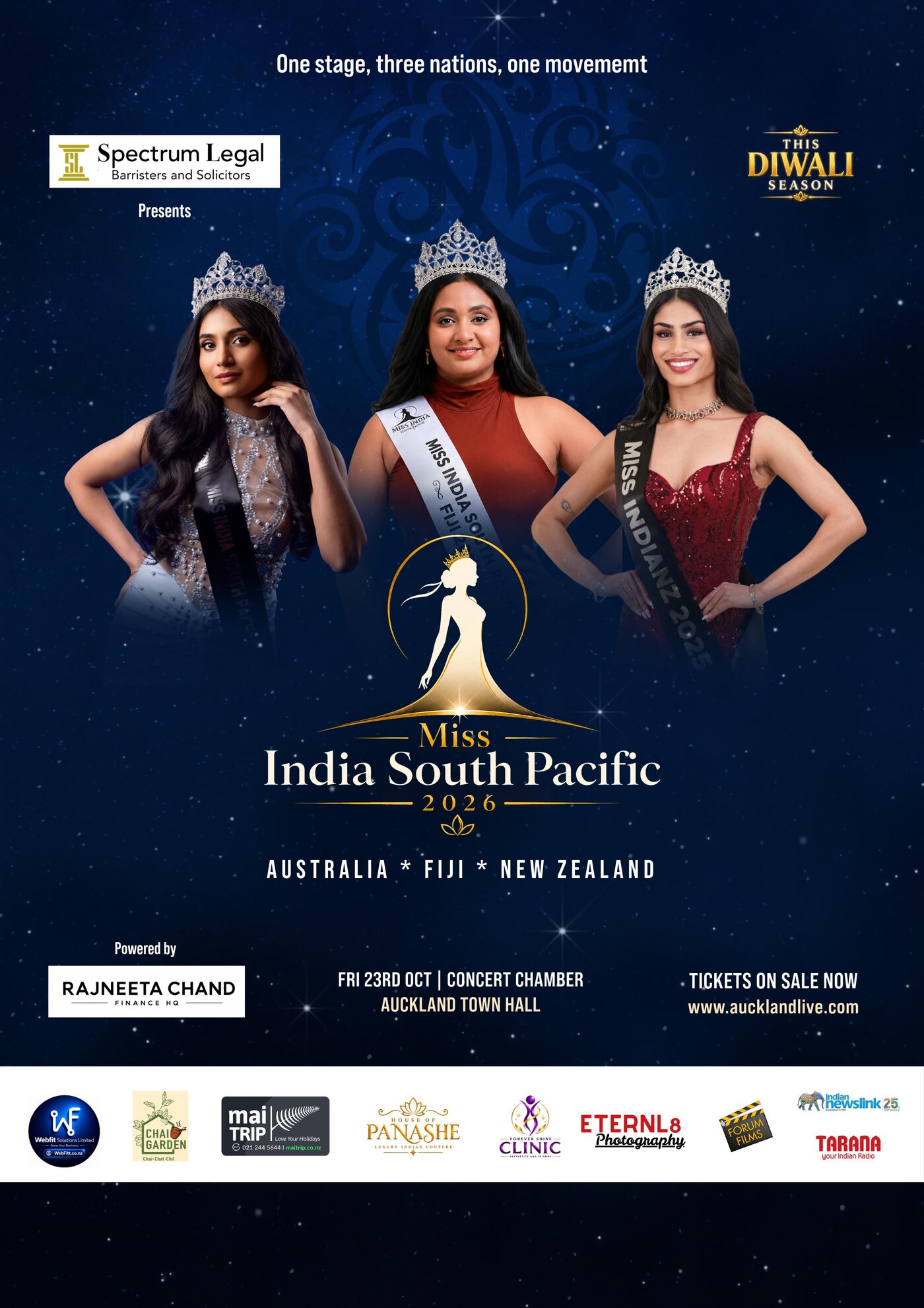 Miss India South Pacific 2026 Grand Finale poster showing confirmed sponsors and partners